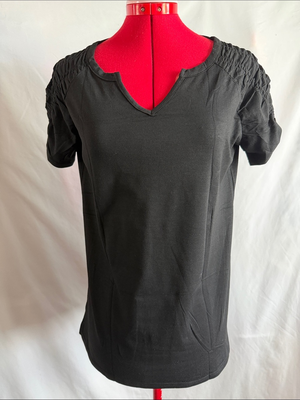 Women’s Black Short-Sleeve Tee with Smocked Shoulders